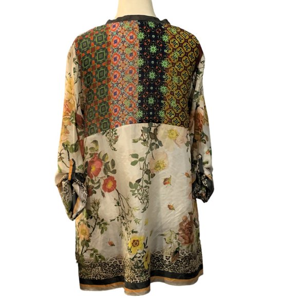 Johnny Was Floral Sheer Silk Tunic Blouse - Picture 3 of 9